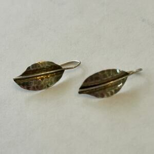Silver Leaf Drop Earrings Tiny Artisan Hammered Mid Century Handmade Lightweight